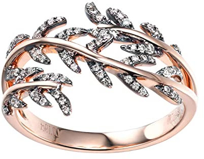 Lieson Wedding Rings Women, 18K Rose Gold Engagement Ring for Women 0.19ct Champagne Diamond Black Leaves Hollow Ring Round Anniversary Rings Rose Gold Ring Size I 1/2