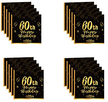 20 PCS Serviettes Papier Décoration 60 Ans, Noir Gold, Décorées pour Fêtes Joyeux Anniversaire, Kit Vaisselle Jetable