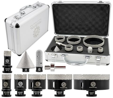 FOCSTOL Diamant Fliesenbohrer Set - 20/25/35/50/68/100mm+20mm Fingerfräser+50mm Fasenbohrer für Porzellan Keramik Fliese Marmor Granit Stein Quarz Packung mit 8