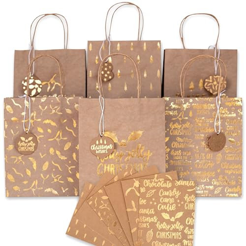 Papierdrachen 6 goldfolierte Geschenktüten zu Weihnachten 2025 - Holly Jolly - 22x18x8cm - inkl. 6 Weihnachtskarten und Stanzanhänger - weihnachtliche Geschenkverpackung - Henkeltüten Set 1