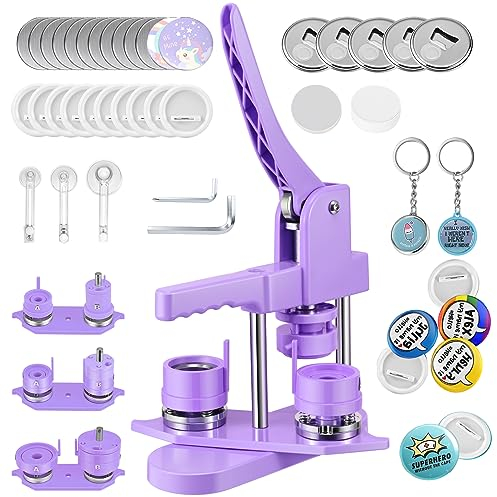 Máquina de Insignias de 25+32+58 mm Button Maker Machine 300 Juegos de Insignias de Plástico, Zimiking con 10 Abridores de Botellas, 10 Juegos de Llaveros, Moldes y Cortador de Papel Redondo (Púrpura)