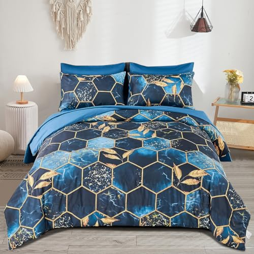 Freyamy 3D Marmor Bettwäsche 135x200cm 2teilig Dunkelblau Gold Geometrische Marmormuster Luxus Bettwäsche 100% Mikrofaser Bettwaren-Sets Weiche Bettbezug mit Reißverschluss und Kissenbezug 80x80cm