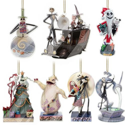 Gadluckki Weihnachtsbaumschmuck 2024, Motiv: Nachtstute vor dem Weihnachtsbaum, Acryl, niedlich, lustig, Jack und Sa&lly zum Aufhängen, 2D-Weihnachtsdekoration, flach, für Urlaub und Auto-Innenraum,