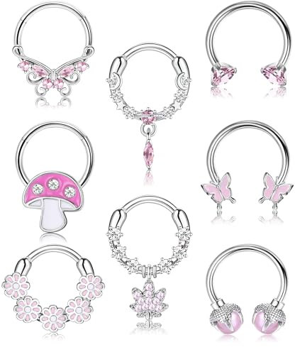 Kakonia 8Pcs Septum Piercing 16G Edelstahl Silber Septum Ring für Frauen Rosa CZ Schmetterling Baumeln Septum Clicker Nase Ringe Knorpel Hoop Ohrringe Daith Piercing Schmuck 10MM