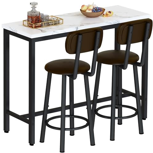 AWQM 3 Piece Bar Table Set of 2,39.3 Pub Bar Table and Chairs Set,Faux Marble Bar Height Table with 2 Backrest Stools,Small Dining Table for 2,Kitchen Table Set for Small Space,White & Brown