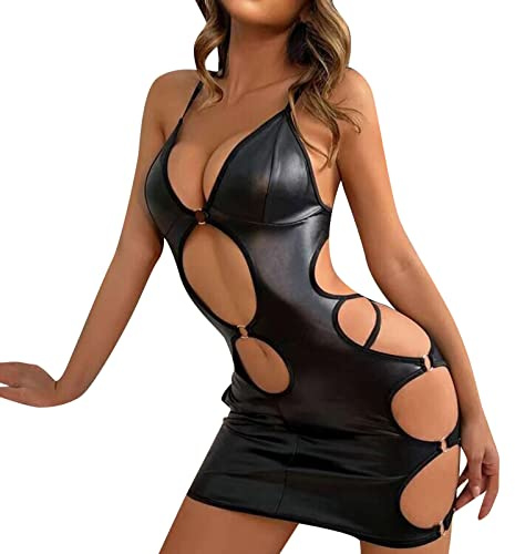 HOTSO PU Lackleder Korsettkleid, Damen Reizwäsche Latex Catsuit Dessous Jumpsuit Bodys Ausgehöhlt Lederkleid Bodysuit Masche Minikleid Pyjamas für Frau Liebhaber Hochzeitstag