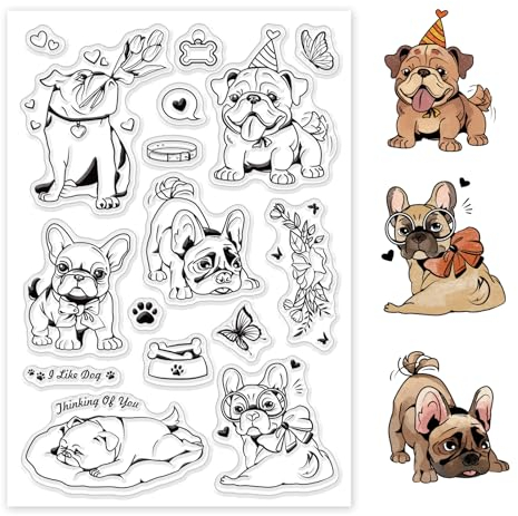 GLOBLELAND Transparente Stempel Mit Französischer Bulldogge, Hunde, Tiere, Welpen, Wörter, Transparente Gummi Siegelstempel, Hund Und Freund, Gummistempel Für DIY, Scrapbooking, 6.3×4.33inch