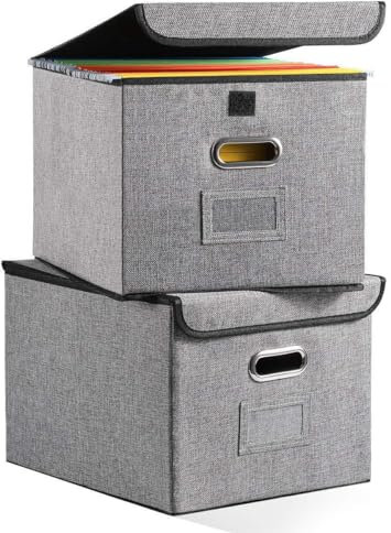Esmula 2 Stück Grau Ablageboxen mit Deckel, Stoff Faltbare Aufbewahrungsbox mit Deckel, Geeignet für Haus und Büro, Datei undSpielzeug Aufbewahrungsbox