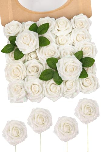 N&T NIETING Set di 25 fiori artificiali con lustrini bianchi con gambo, per bouquet da sposa, composizione, feste, baby shower e decorazione per la casa