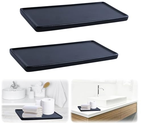 Bandeja de Cerámica Rectangular, 2 Piezas Bandeja de Baño, Bandeja de Joyería Rectangular Negra, Bandejas para Artículos de Tocador, Bandeja Organizadora para Encimera para Velas Cosméticos Perfumes