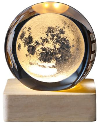 USB 3D LED Kristallkugel Nachtlicht mit Holzsockel, 2 in 1 Nachtlicht Projektor, Planet Tischdeko Nachtlampe Deko Lampe, Erwachsene Kinder Geschenk (Mond mit Quadrat Holzsockel)