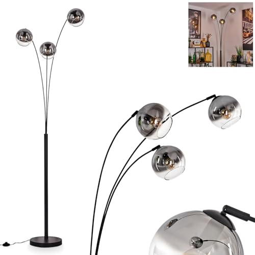 Stehleuchte Koyoto, Stehlampe aus Metall/Glas in Schwarz/Rauchfarben/Klar, Leuchte im Retro/Vintage-Design mit Schirmen aus Glas (Ø 15 cm) u. Fußschalter, Höhe 210 cm, 3 x E14, ohne Leuchtmittel