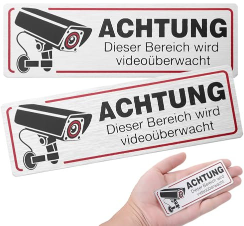 simarro 2 Stück Schild Videoüberwachung, 12x4cm Videoüberwachung Schild Selbstklebend Aluminium Video Warnschilder Achtung Videoüberwachung Schild Kamera überwachung Schild(2 Stück rot schwarz)