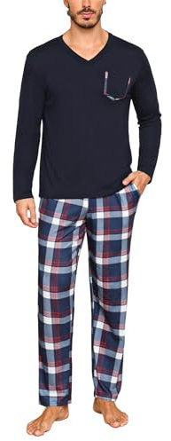 Uniexcosm Pigiama Uomo Lungo Pigiama da Uomo in Cotone Pigiami Due Pezzi da Uomo Invernale Leggero a Tasche Laterali Blu Navy XL