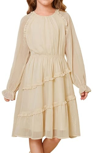 Kleid Kinder Mädchen A-Linie Tüll Lässig Swing Kleid Weiß Langarm Party Casual Herbst Festzug 6-7 Jahre/Aprikose -1
