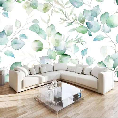 Fototapete 3D Aquarell Eukalyptus Blätter Grün Tapete 200x140 cm 3D Vlies Wanddeko Wallpaper Wandtapete Dekoration Study Zimmer Wohnzimmer Restaurant Cafe