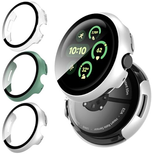 GCVSE 3 Pack Case for Google Pixel Watch 3 41mm With Screen Protector, Scratch-Resistant PC, All-In-One Protection (Clear, Silver, Green)