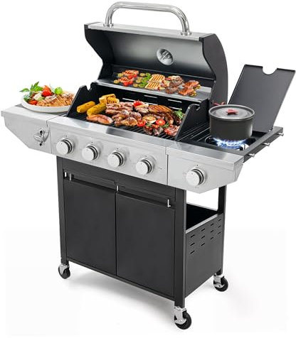 YIORTWO Barbecue a gas propano a 4 fuochi con bruciatore laterale, in acciaio inox, 48.500 BTU per cucinare all'aperto, cucina, giardino e patio, barbecue da cortile, nero e argento
