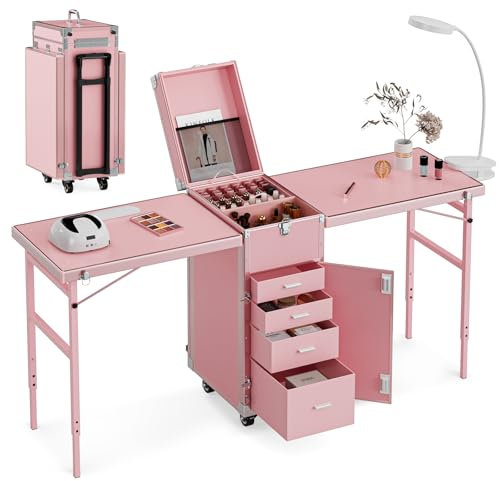 CyyKcc Professional Portable Makeup Trolley, Multi-Functional Nail Double Table with Drawers and Mirror, Travel Cosmetic Case for Beauty Salons, Pink Aluminum Rolling Makeup Train Case