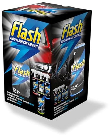 Flash Car Care Automotive Car Care Kit 4x500ml Powerful Exterior & Interior Cleaning Products Including Interior All Purpose Cleaner, Glass & Mirror Cleaner, Car Shampoo & Dashboard Shine