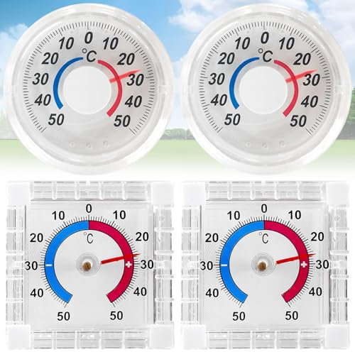 Srup 4 Piezas Termómetros Adhesivos para Ventanas y Puertas al aire libre, Termómetro analógico, Termómetro autoadhesivo para ventana, El rango de temperatura es de -50 ℃ a 50 ℃(cuadrado, redondo)