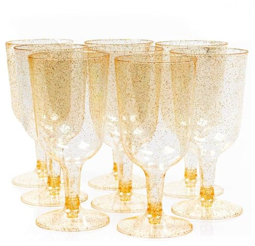 KOOSREEL Plastic Wine Glasses with Gold Glitter, 50 Pack Reusable Plastic Wine Cups for Cocktails, Dessert, Large Parties, Weddings, Birthdays, Picnic