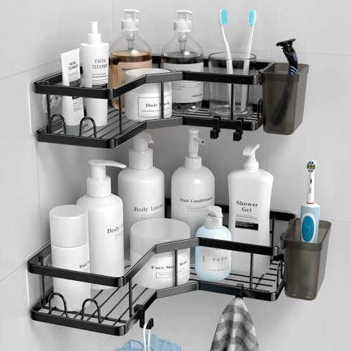 ZDXY No-Drill Shower Caddy, 2-Pack Corner Organizer with Adhesive Shelves and Toothbrush Holders, Rustproof Black