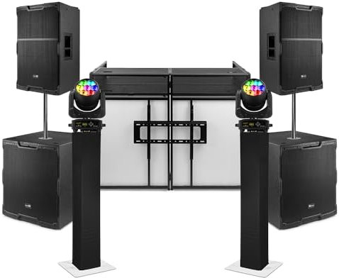 Power Dynamics Full Mobile DJ Setup - PDY212A 12 Active Speakers, Subs, Beamz Moving Head Lights, Vonyx DJ Booth with TV Mount & Plinths - Complete DJ PA System Package