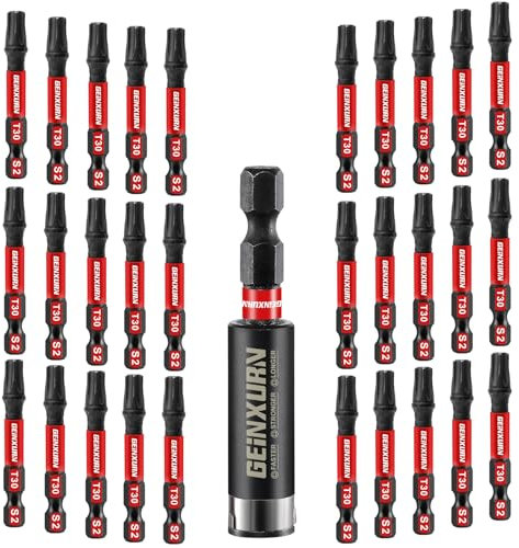 GEINXURN 30 Pieces T30 Impact-Resistant Screwdriver Bit Set 50 mm Length #30 Torx 1/4 Inch Hex Shank Drive Bits with 1 Piece 60 mm Magnetic Bit Holder, S2 Alloy Steel T30 Screwdriver Bits Set