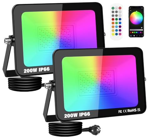 PICAA 2x 200W Projecteur LED RGB Exterieur APP Télécommande, 20000LM | Couleur RGBW Lumière de Projecteur, 16 Million Couleurs, Minuteur, Spot Led pour Jardins, Patios, Fête