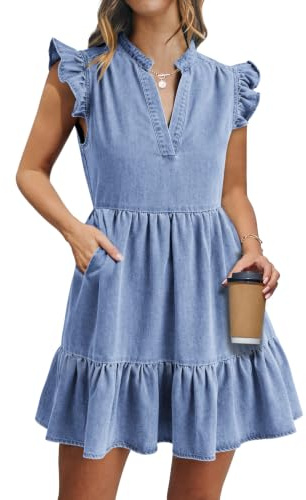 Fengbay Denim Dresses for Women V Neck Ruffle Sleeveless Jean Dress