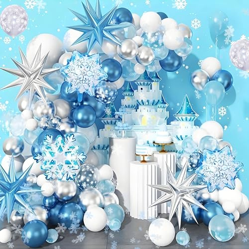 Schneeflocken Folienballons,Luftballon Blau Geburtstag Kit,Gefrorener Ballonbogen,Geburtstag Luftballons Mädchen,Schneeflocken-Latexballons, für Kinder Party Dekoration