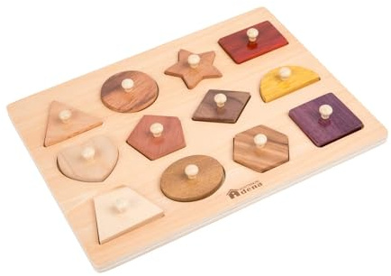 Adena Montessori Holzpuzzles für Babys 12–18 Monate, Baby Knob Puzzles, Montessori Puzzles 1–3 Jahre, natürliches Holz-Steckpuzzle & Formsortierer, Jungen & Mädchen(12 STK)