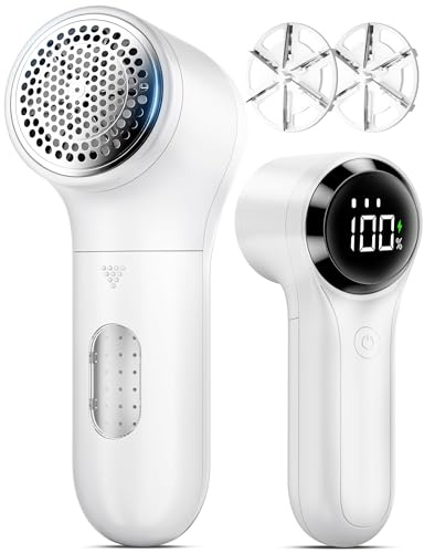 FrSara Fabric Shaver, Rechargeable Lint Remover, 3-Speed Electic Lint Shaver, 6-Blade Sweater Shavers to Remove Pilling, Battery Powered with LED Display for Furniture,Clothes, Upholstery, White