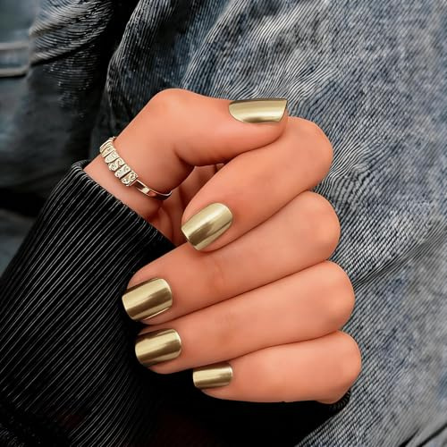 SXVME Chrome Press on Nails Short Square, Metallic Light Gold False Nails with a Sparkle Mirror Finish, Glitter Fake Nails for Women, Salon Quality, Stick on Nail Press ons Short Coffin 30 Pcs
