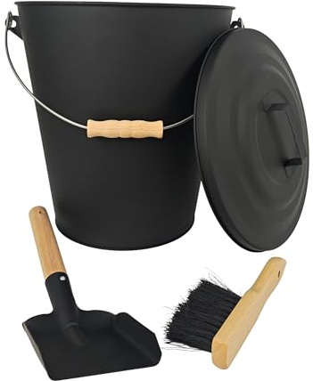 Relaxdays Ascheeimer mit Deckel, Größenwahl, inkl. Aschebesen & Kaminschaufel, Aschebehälter mit Henkel, schwarz/Natur