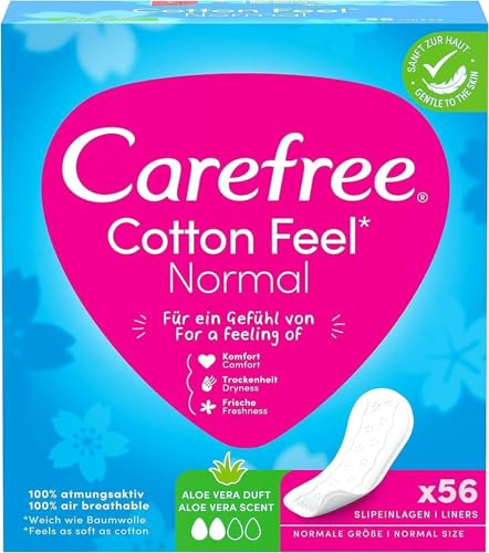 Carefree Slipeinlagen Cotton Feel Normal mit Aloe Vera Duft, 5 x 56 Stk | Atmungsaktive Soft Touch Oberfläche, dermatologisch getestet, weich wie Baumwolle, frei von Farbstoffen und Chlorbleiche