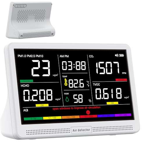 bonoch 16 in 1 Luftqualität Messgerät Luftmessgerät 9 AQI + 7 AQI Warnungen Air Quality Monitor für CO2, TVOC, PM2,5, PM1,0, PM10, HCHO, Temperatur Feuchtigkeit AQI & Uhrzeit Luftqualitätsmonitor