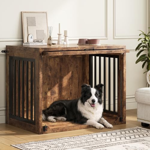 Jocoevol Hundebox Möbel, 89cm Hundekäfig für Hunde bis 23 kg | Hundehaus Holz mit versteckter Schiebetür, Heavy-Duty Hundekäfig mit Sicherheitsschloss und leisen Pads, 89 x 56 x 76 cm