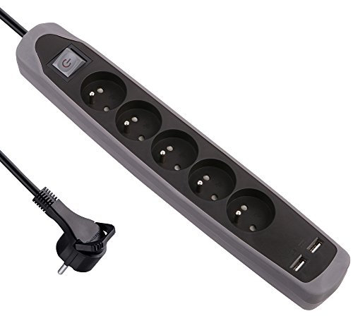 Electraline Gummy 35619 Bloc Multiprise 5 prises et 2 USB avec interrupteur - couverture en silicone antidérapant - câble 2 mt - fiche plat