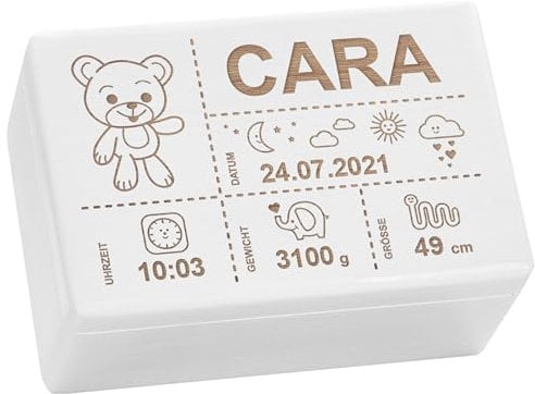 LAUBLUST Erinnerungsbox Baby Personalisiert - Geschenk zur Geburt mit Name | Teddybär Motiv, Größen M, L, XL - Holz Kinder Erinnerungskiste für Mädchen & Jungen | Holzkiste Weiß, FSC®