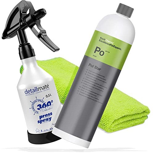 Detailmate Innenreinigung Set- Koch Chemie POL Star - Textil-, Leder & Alcantarareiniger 1L - detailmate by Kwazar Super PRO+ 360 Grad Sprühflasche 0,5L, Double Action Trigger - Mikofasertuch 40x40 cm