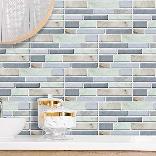 funlife 27Pcs Blue Tile Stickers Vinyl Peel and Stick Self-Adhesive Splashback Kitchen Decor Green Marble, 20X10cm