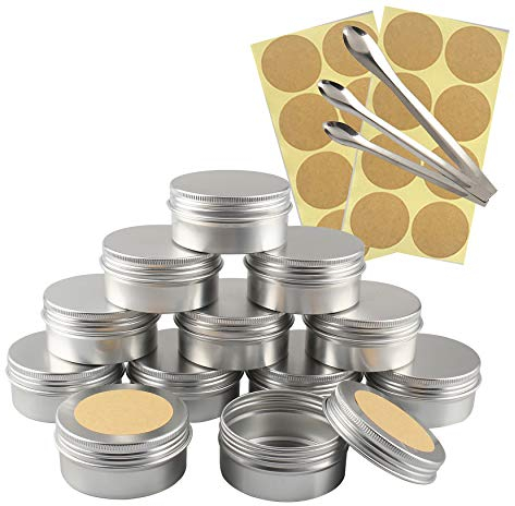 TIANZD 10 Stück Leere 80 ml Rund Silber Aluminium Tins Schraubdose Cremedose Alu-Tiegel Dosen mit Schraub-Deckel 5ml Aludose Blechdosen für Kosmetik Kerze Salben 3x Löffel, 12x Etikette