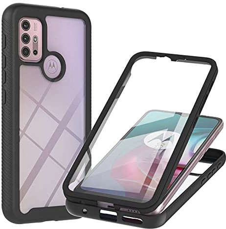 WEIOU Hülle für Motorola Moto G30 | G10 mit Eingebaute Displayschutz, PC Transparente Back Cover, 360 Grad Stoßfest Schutzhülle TPU Robust Bumper Case Handyhülle. Schwarz