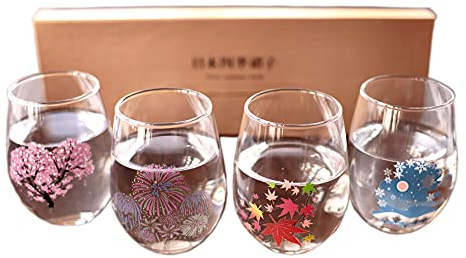 Japanese Four Seasons Color Changing Glass Cup Set, Magical Blooming Multi-purpose Glasses – Cherry Blossom, Fireworks, Autumn Leaves, Snowflakes .