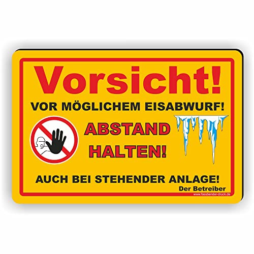 Fassbender-Druck SCHILDER - VORSICHT EISABWURF (GELB) - Schild zum Markieren einer Gefahrenzone (Rutschgefahr) - Schild für einen Privatweg - Begehen & Befahren auf eigene Gefahr (45x30cm Schild)