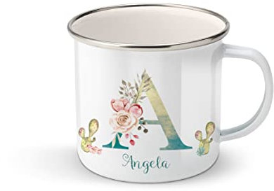 Taza personalizada con inicial y nombre, taza regalo de navidad, taza ilustración llama, cactus (A)