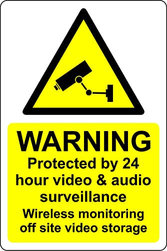 Warning protected by 24 hour video and audio surveillance wireless monitoring off site video storage sign - Self adhesive sticker (200mm x 150mm)