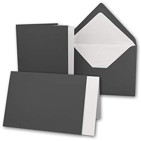 10x Karten-Set DIN B6-12 x 17 cm - 120 x 170 mm - Falt-Karten mit Brief-Umschlägen & Einlege-Blättern - Gerippte Struktur Oberfläche - Granit-Grau Dunkel-Grau - Vintage Einladungskarten